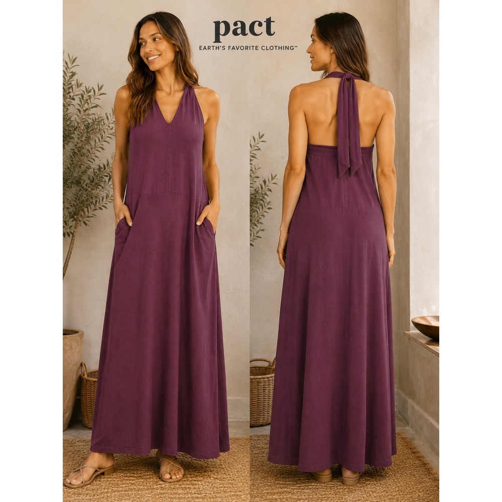 Pact Organic Cotton Halter Neck Maxi Dress Purple Pocket V-Neck Tie Back Size XL